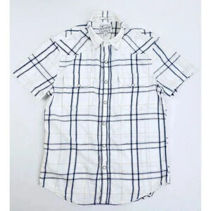 Lucky Brand Classic Fit Size Small White Blue Gold Peral Snap Light Flanel Shirt